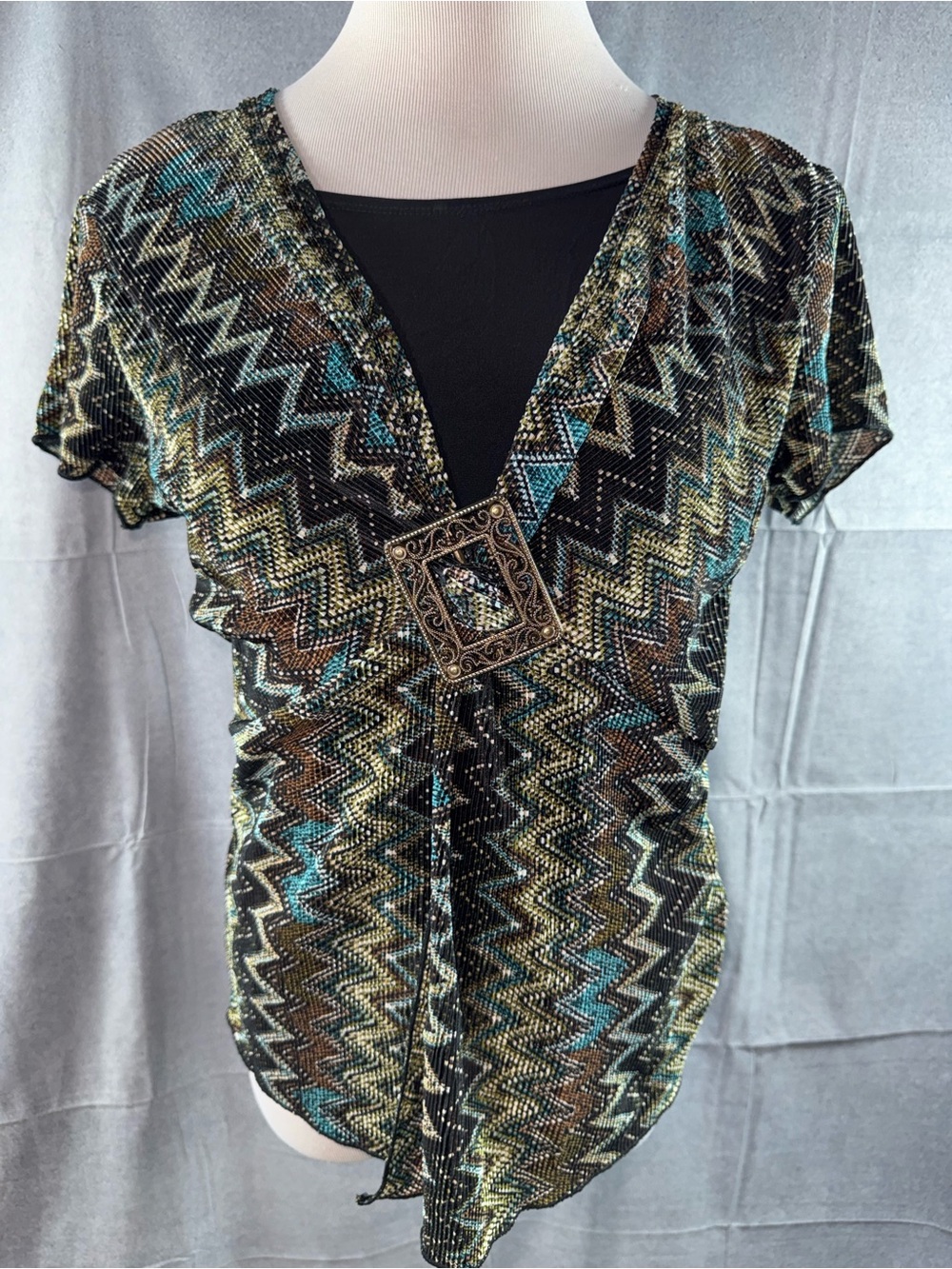 3177-Christopher & Banks Black Top with Turquoise & Brown Zigzag Metallic Accent